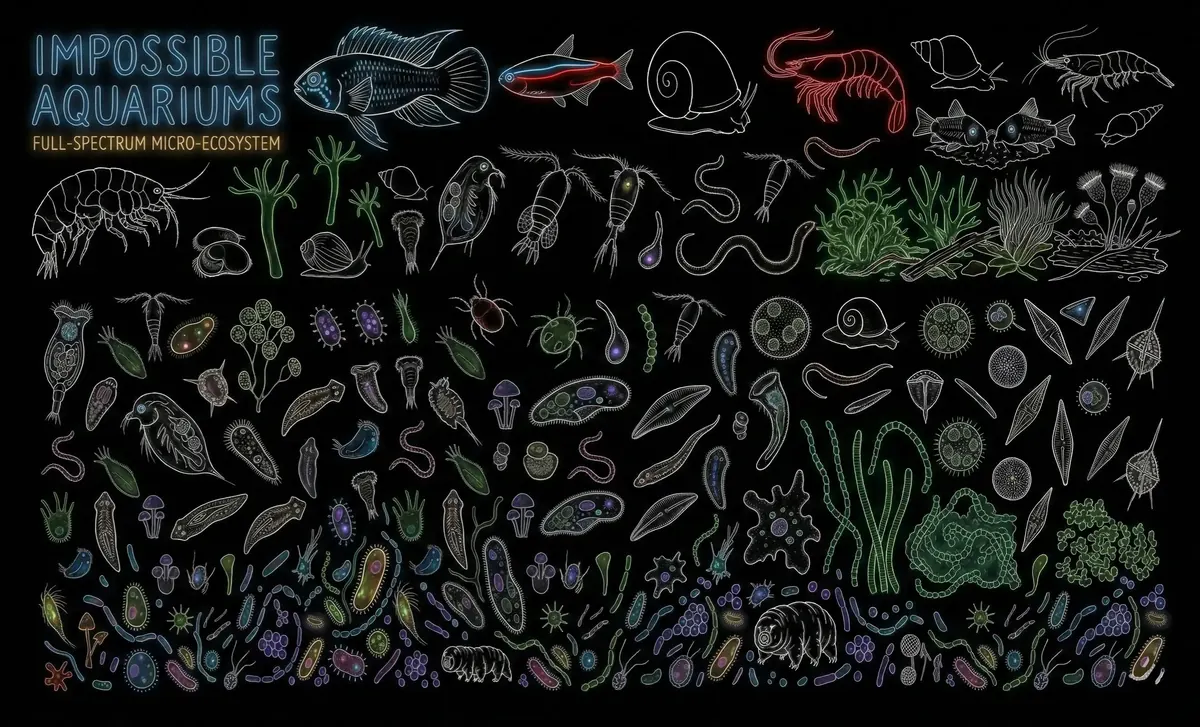Poster of aquarium microorganisms, plants and animals drawn in color on black